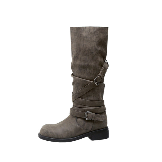 Damen Wadenhohe Bikerstiefel mit Wickelriemen und verstellbaren Schnallen Nord Taschen