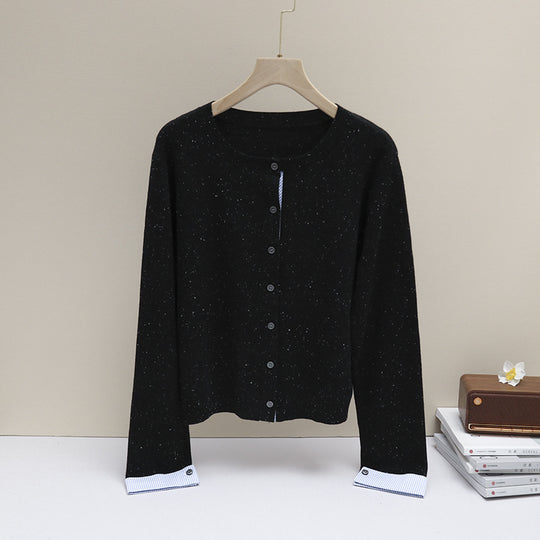 Damen Kurz geschnittener Feinstrick-Cardigan mit kontrastierenden Hemdblusenmanschetten Nord Taschen