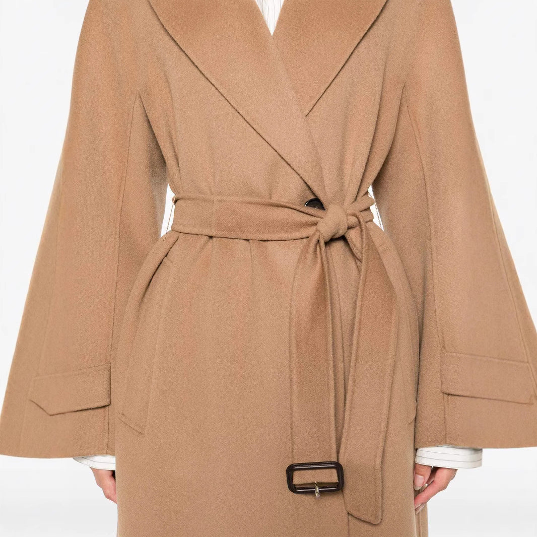 Damen Wickelmantel aus Wollmix mit Taillengürtel und Oversize-Schulter Nord Taschen