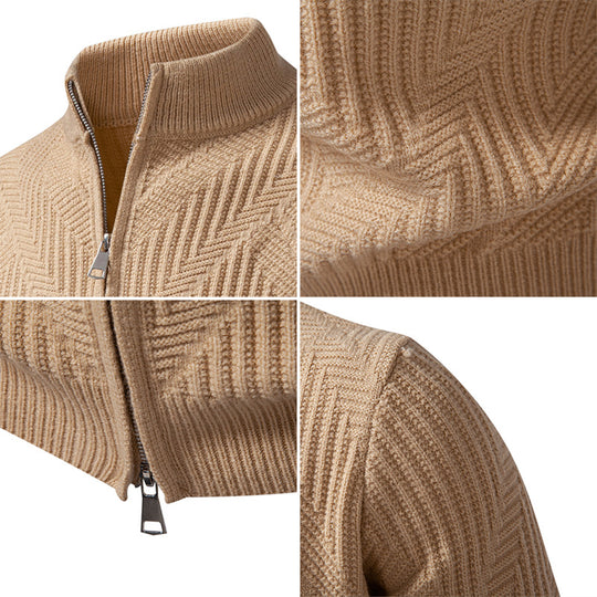 Herren Reißverschluss-Cardigan mit geometrischem Fischgrätstrick und Stehkragen Nord Taschen