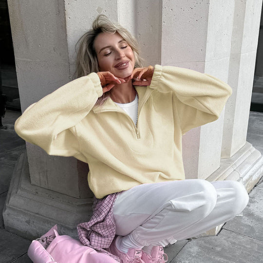 Damen Oversized Fleecepullover mit halbem Reißverschluss und Stehkragen Nord Taschen