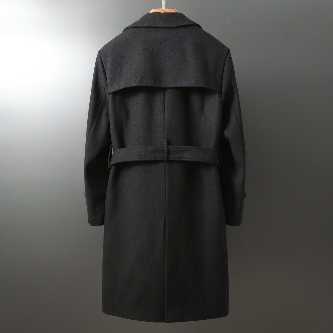 Herren Maxilanger Woll-Mantel im Trench-Look mit doppelreihiger Knopfleiste und Bindegürtel Nord Taschen