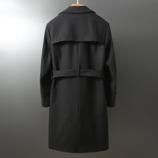 Herren Maxilanger Woll-Mantel im Trench-Look mit doppelreihiger Knopfleiste und Bindegürtel Nord Taschen