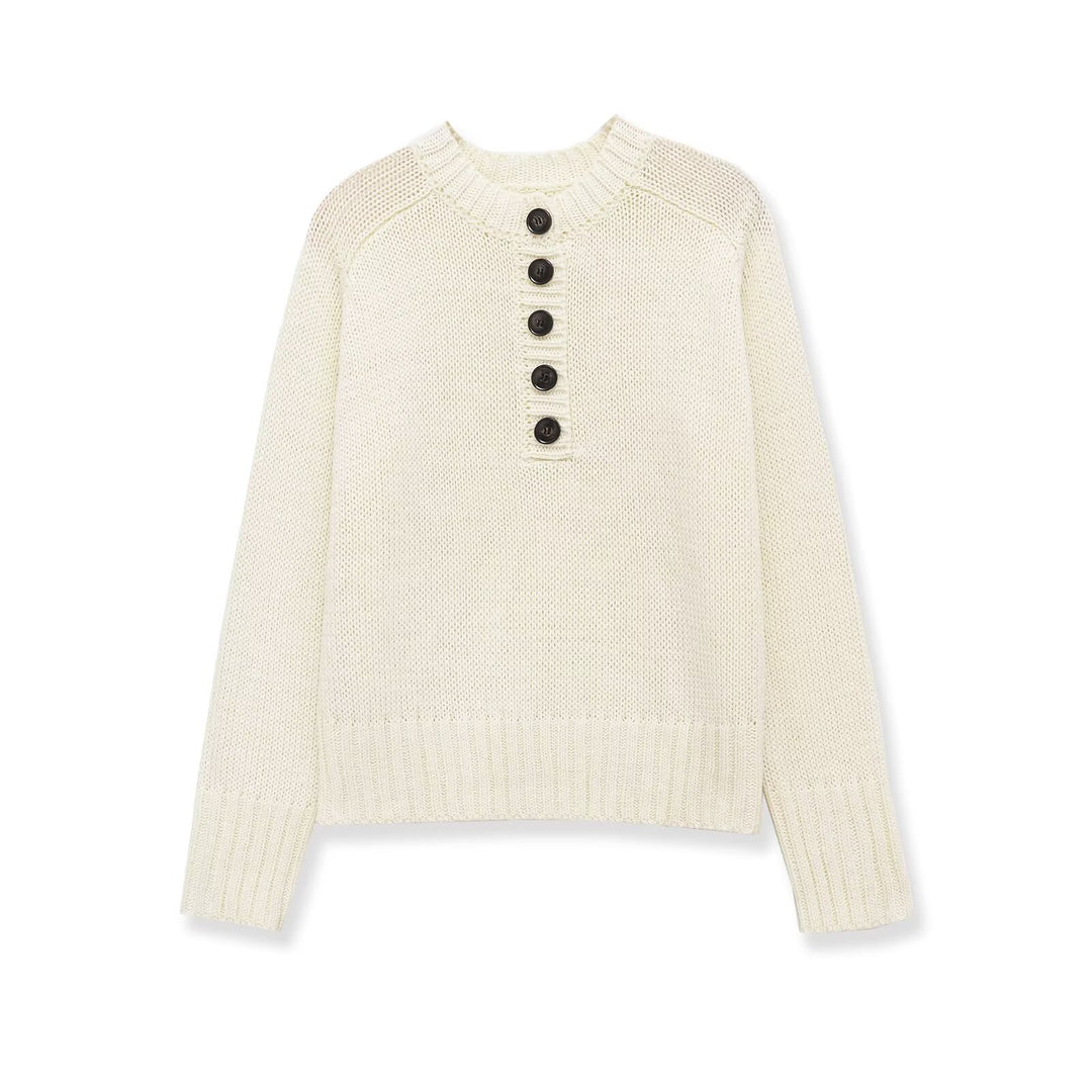 Damen Grobstrick Henley-Pullover mit Holzknöpfen und Rippbündchen Nord Taschen