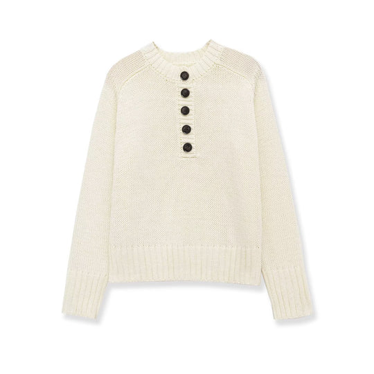 Damen Grobstrick Henley-Pullover mit Holzknöpfen und Rippbündchen Nord Taschen
