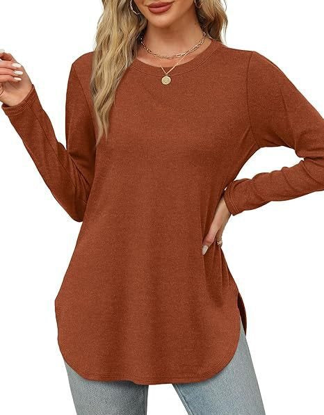 Damen Lässiges Longsleeve-Tunikaoberteil mit Rundhalsausschnitt, Seitenschlitzen und Aquarell-Blattprint Nord Taschen