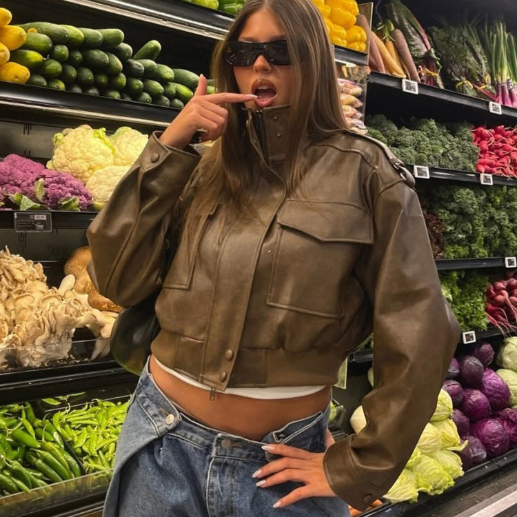 Damen Kurze Utility-Bomberjacke aus veganem Lederimitat mit hohem Stehkragen Nord Taschen