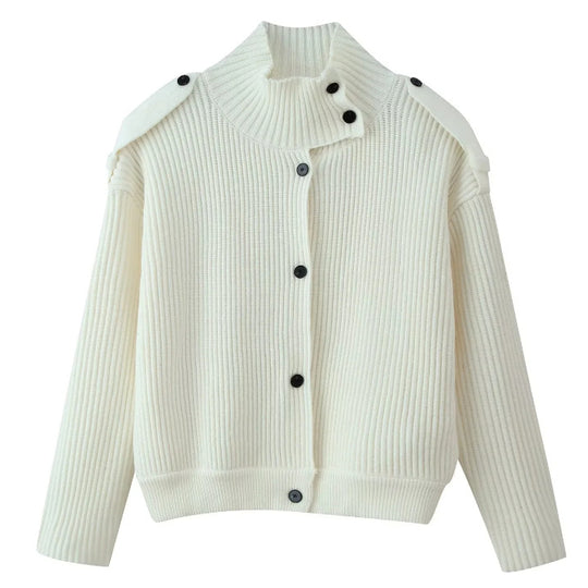 Damen 80+ kurzer Rippstrick‑Cardigan mit hohem Stehkragen und Knopfleiste Nord Taschen