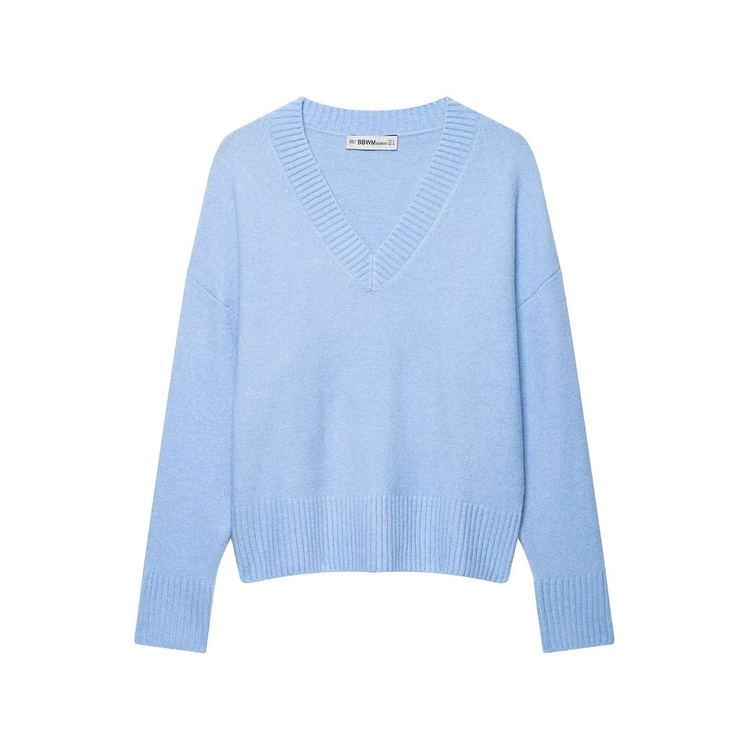 Damen Oversize V‑Ausschnitt Feinstrickpullover mit breitem Rippenbund Nord Taschen
