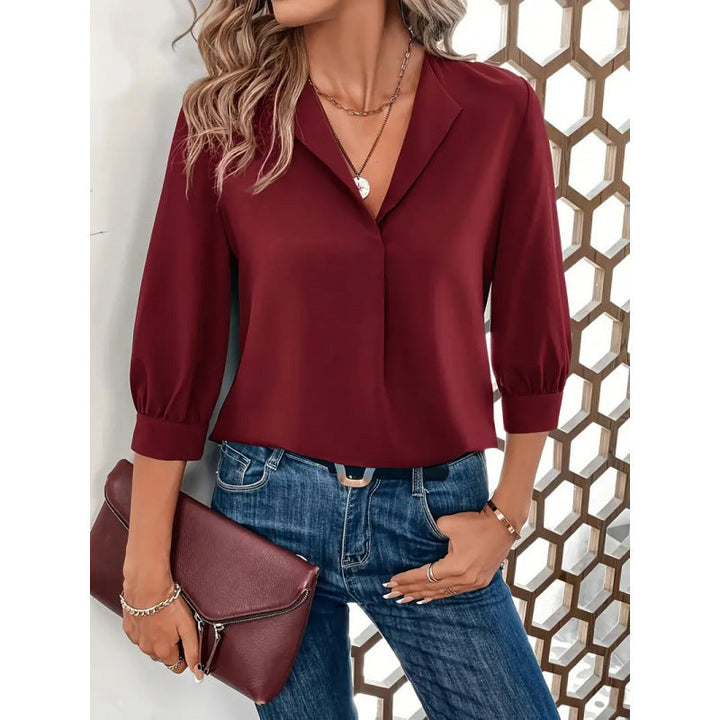 Damen Elegante ViskosNord Taschenluse mit 3/4-Ärmeln und V-Ausschnitt