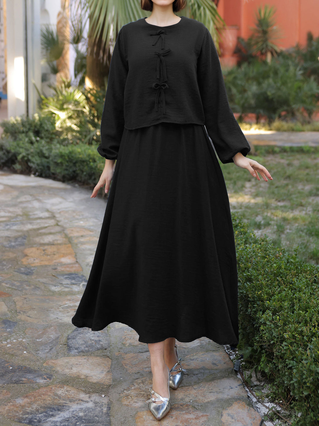 Damen Elegantes Langarmkleid mit Schößchen Nord Taschen