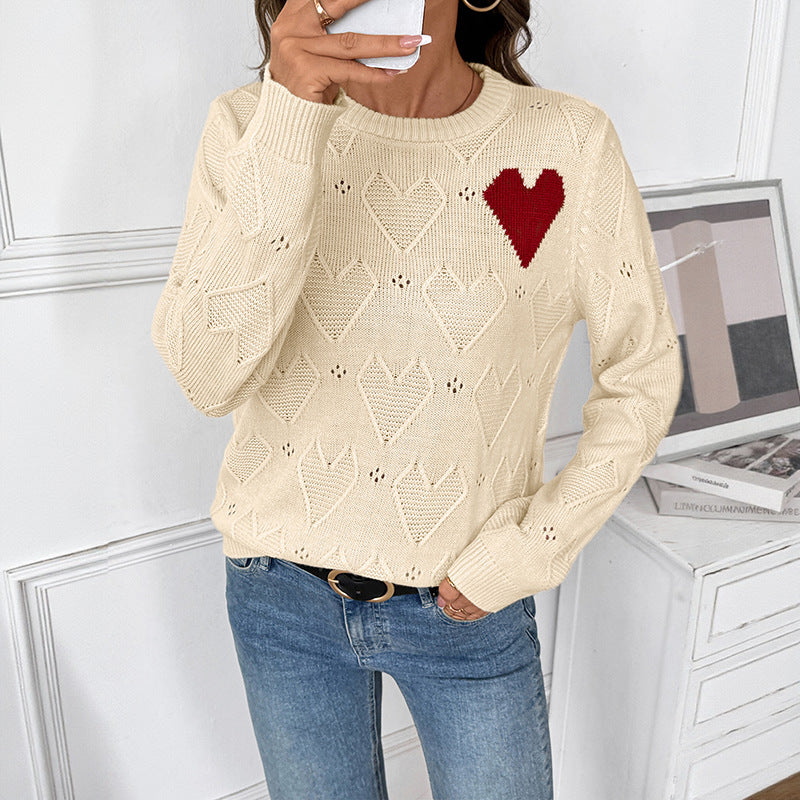 Damen Feinstrickpullover mit Ajour‑Herzmuster, appliziertem Zierherz und Rundhals Nord Taschen