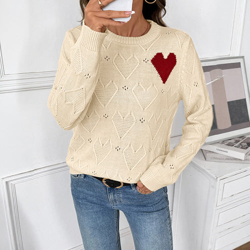 Damen Feinstrickpullover mit Ajour‑Herzmuster, appliziertem Zierherz und Rundhals Nord Taschen