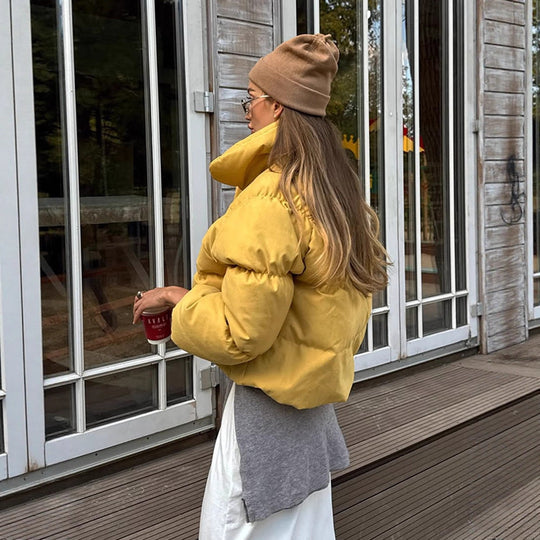 Damen Kurze wattierte Cropped-Pufferjacke mit voluminösen Ballonärmeln Nord Taschen