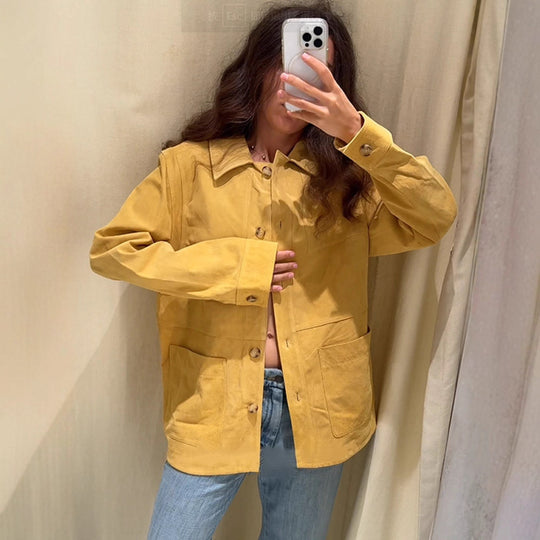 Damen Oversize Baumwoll-Worker-Jacke mit aufgesetzten Taschen Nord Taschen