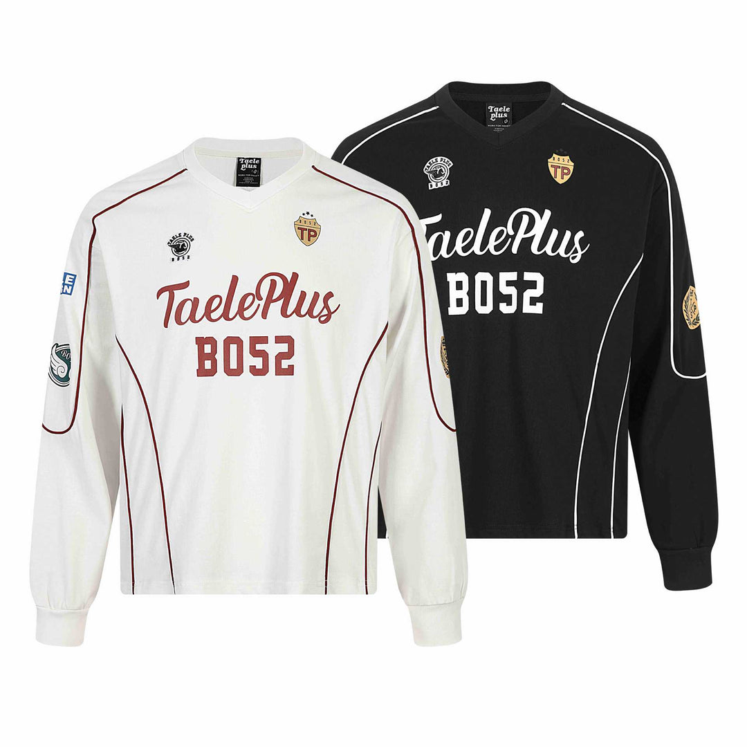 Herren Retro-inspiriertes Langarm-Fußballtrikot mit V-Ausschnitt und Kontrastpaspeln Nord Taschen