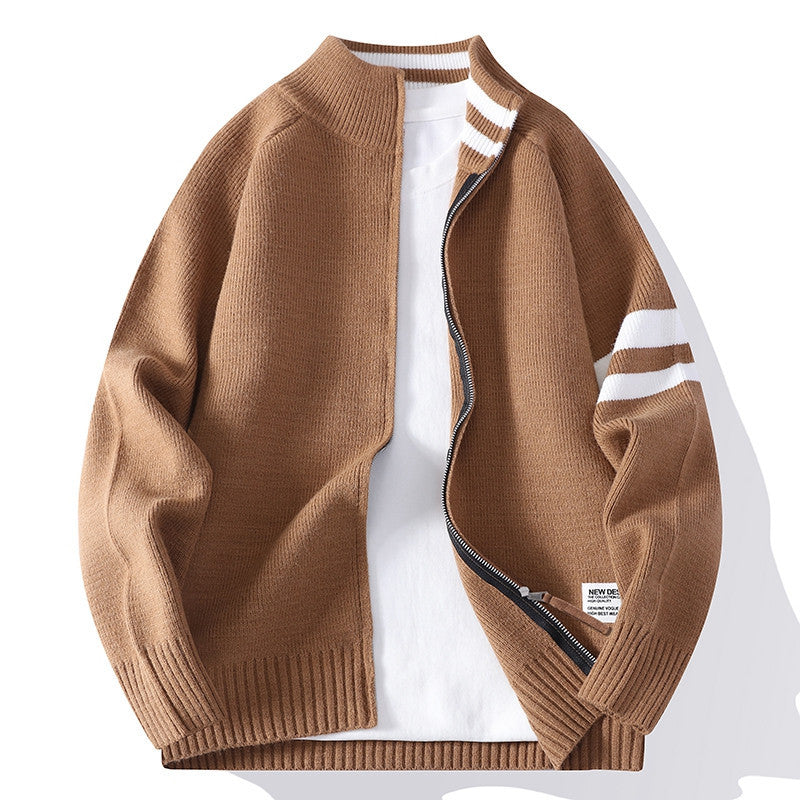 Herren gestrickte Zip-Cardigan im College-Stil mit gestreiftem Ärmelband und geripptem Stehkragen Nord Taschen