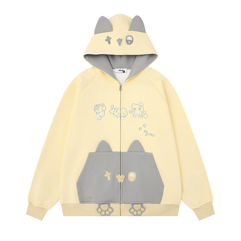 Damen Kapuzen-Sweatjacke mit Ohren, durchgehendem Reißverschluss, Kängurutasche mit Pfoten‑Applikation und verspielten Stickereien Nord Taschen