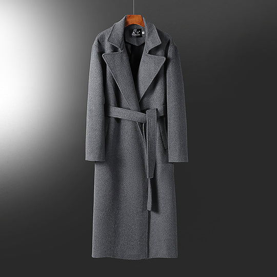 Herren Maxilanger taillierter Wollmix-Mantel mit weitem Schalkragen und Bindegürtel Nord Taschen