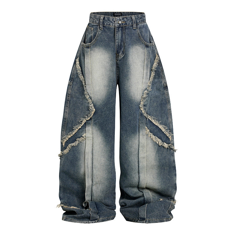 Damen Hochtaillierte weite Baggy-Jeans mit ausgefransten Lagenpanelen und Used-Look Nord Taschen