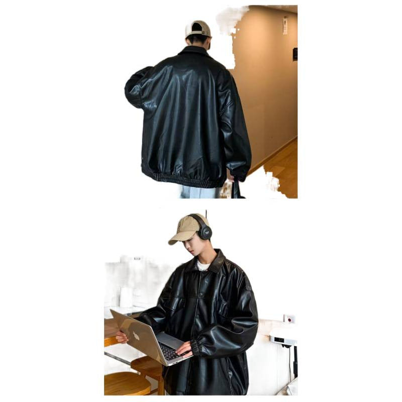 Herren Oversized PU-Leder-Shacket mit Pattentaschen und elastischen Bündchen Nord Taschen