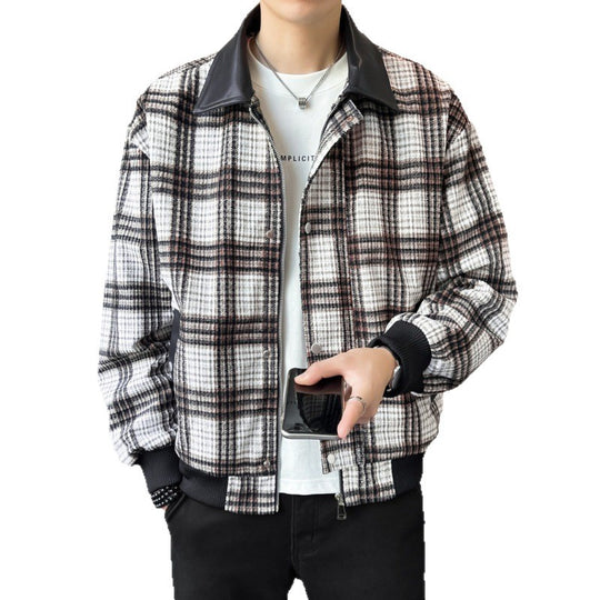 Herren Kariertes Overshirt-Blouson mit kontrastierendem Kunstlederkragen und Rippbündchen Nord Taschen