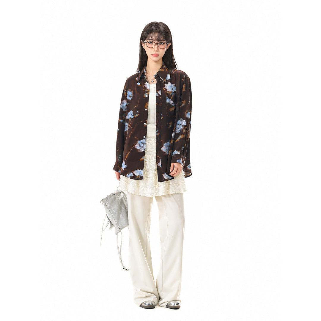 Damen Oversize-Hemdbluse mit abstraktem Blumenprint und aufgesetzter Brusttasche Nord Taschen