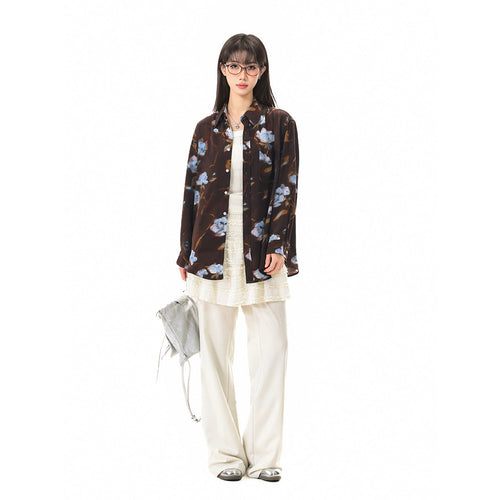 Damen Oversize-Hemdbluse mit abstraktem Blumenprint und aufgesetzter Brusttasche Nord Taschen