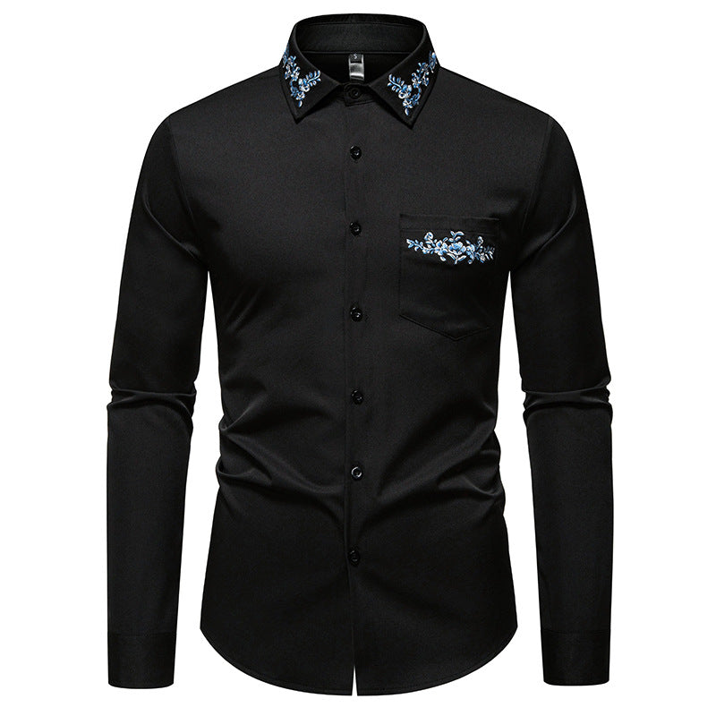 Herren Elegantes Slim-Fit Hemd mit floraler Stickerei am Kragen und aufgesetzter Brusttasche Nord Taschen
