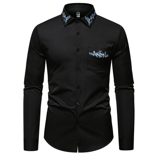 Herren Elegantes Slim-Fit Hemd mit floraler Stickerei am Kragen und aufgesetzter Brusttasche Nord Taschen