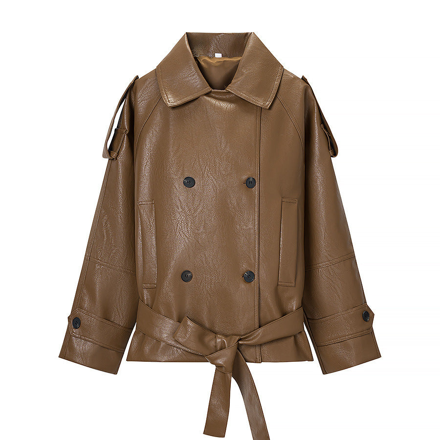 Damen Kurze Doppelreiher Kunstleder-Trenchjacke mit Taillengürtel Nord Taschen