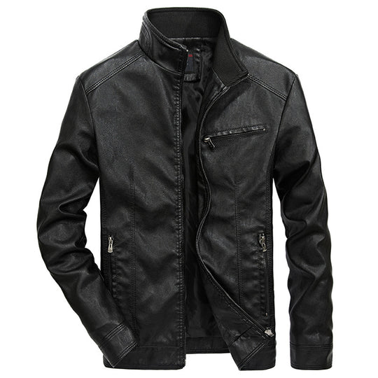 Herren Slim-Fit Kunstleder-Motojacke mit Stehkragen, Reißverschluss-Taschen und verstärkter Nahtführung Nord Taschen