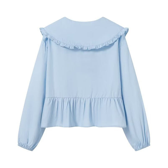 Damen Rüschige Cropped-Bluse mit übergroßem Kragen, Bindebändern und tailliertem Peplum Nord Taschen