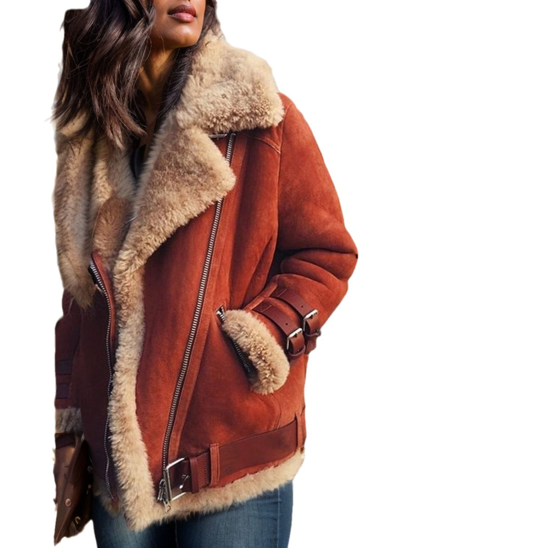 Damen Kurze Fliegerjacke mit Teddyfutter, weichem Lammfellkragen und Reißverschluss Nord Taschen