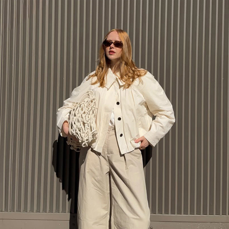 Damen Leichte Cropped‑Blusejacke mit kastiger Silhouette, übergroßem Hemdkragen und Ballonärmeln Nord Taschen