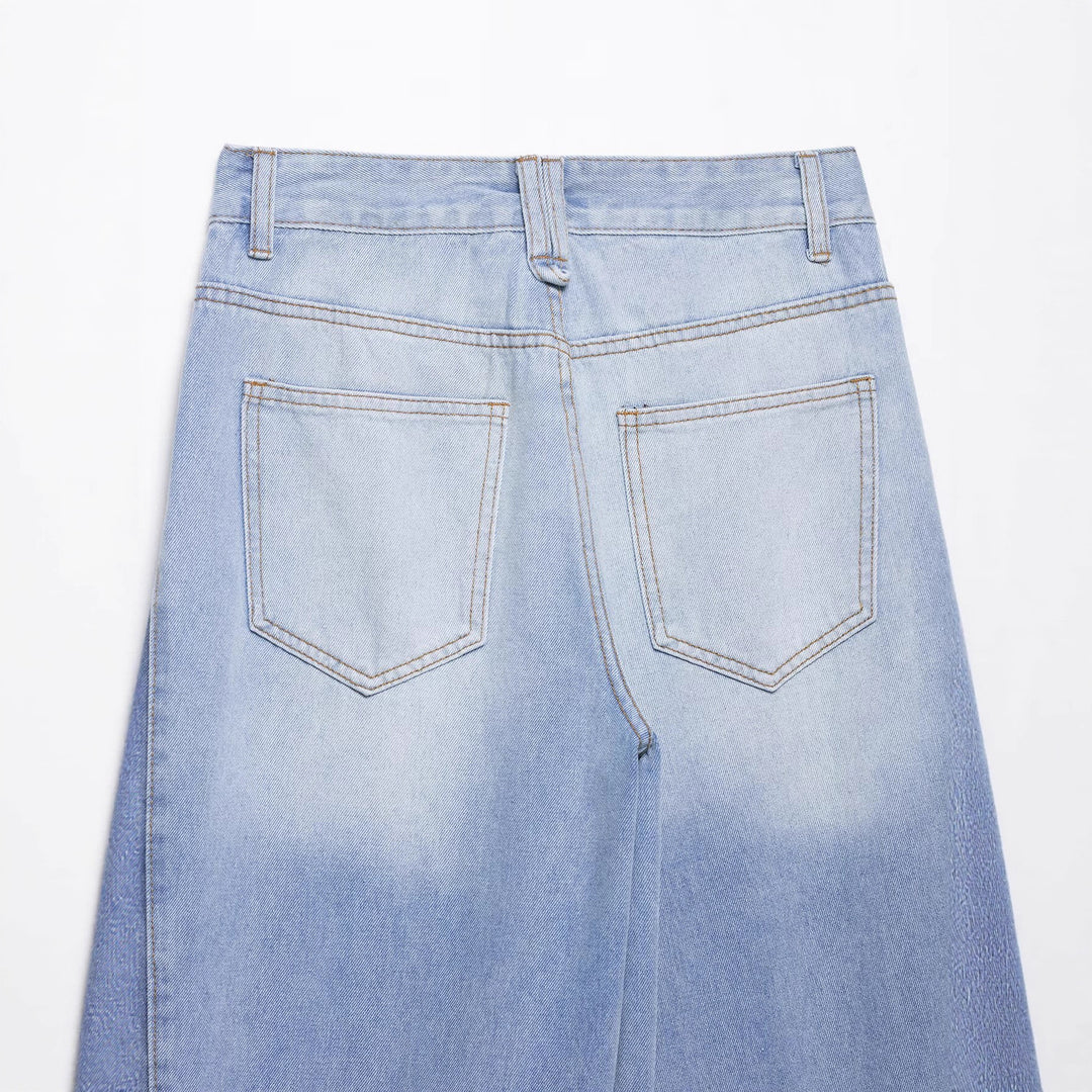 Damen weite Patchwork-Jeans mit hohem Bund, Kontrastseiten und rohem Saum Nord Taschen