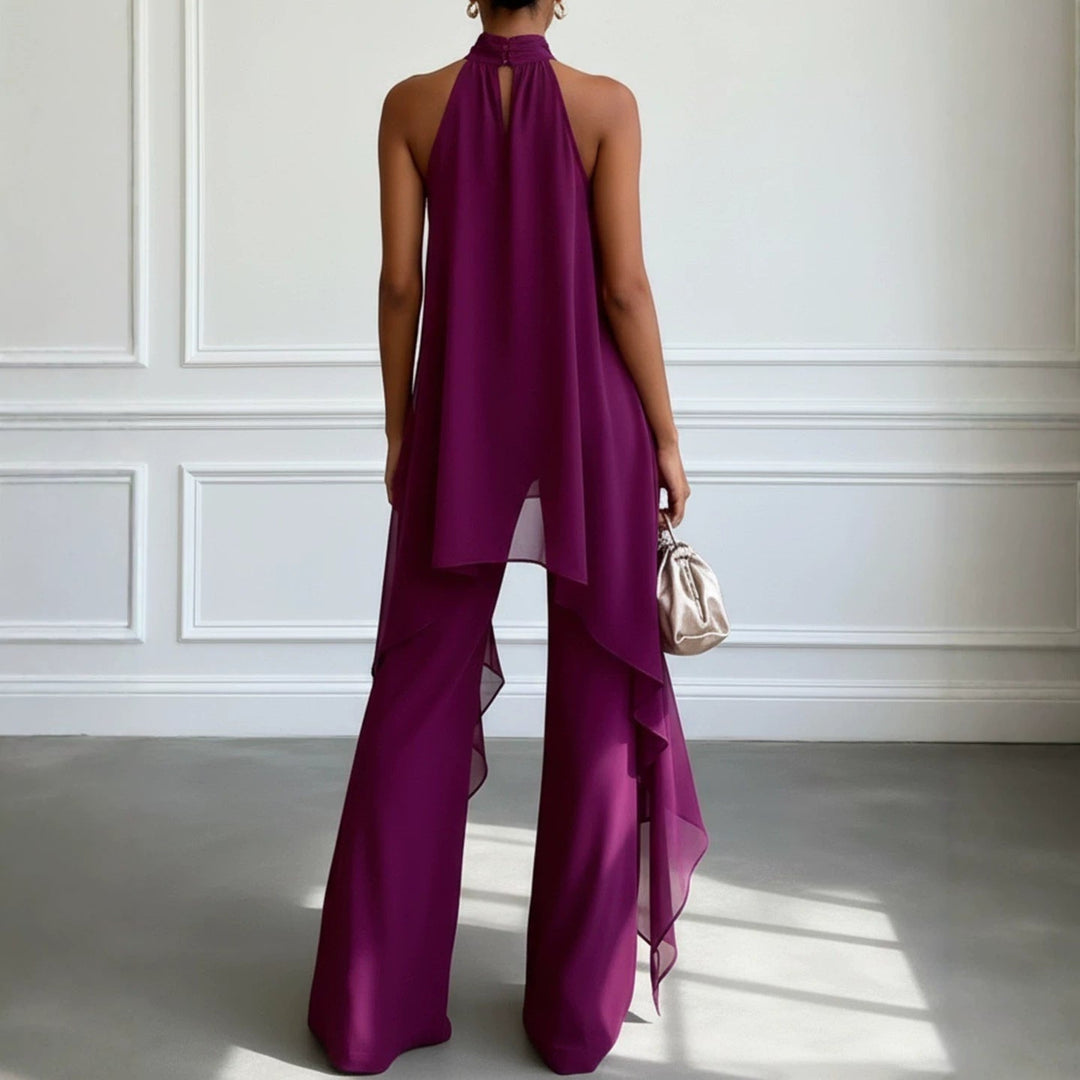 Damen elegantes Abendzweiteiler mit gerafftem Stehkragen, asymmetrischem Volant und fließender Schlaghose Avellé
