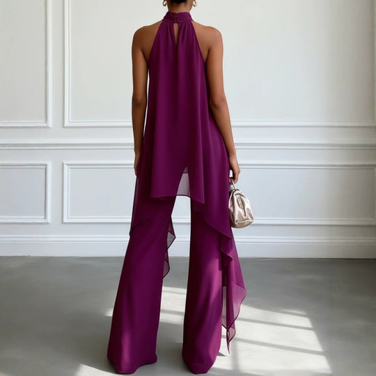 Damen elegantes Abendzweiteiler mit gerafftem Stehkragen, asymmetrischem Volant und fließender Schlaghose Avellé