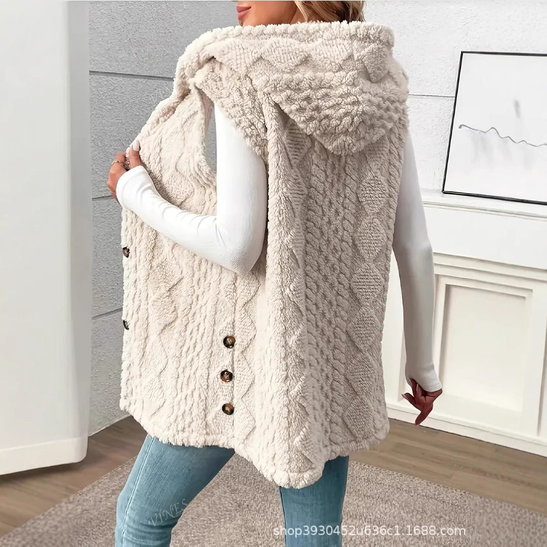 Damen Gefütterte Teddy-Weste mit Kapuze und Knopfverschluss Nord Taschen