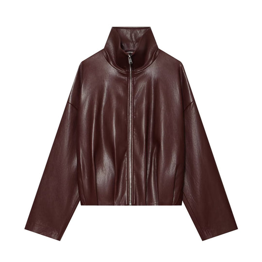 Damen Kurzer Kunstleder-Blouson mit hochabschließendem Stehkragen und Reißverschluss Nord Taschen