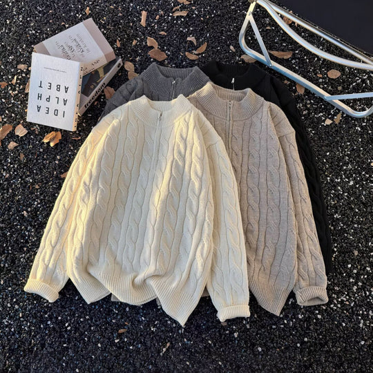 Unisex Oversize-Zopfmuster-Halbzip-Pullover mit extra hohem Rippkragen und schwerer Baumwollmischung Nord Taschen