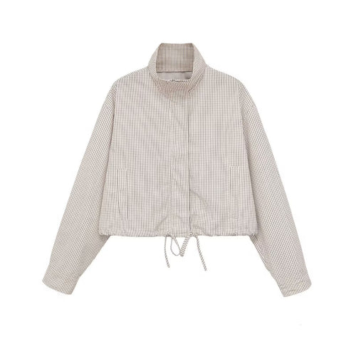 Damen Karierte Cropped-Jacke mit Stehkragen, Tunnelzug und verdecktem Reißverschluss Nord Taschen