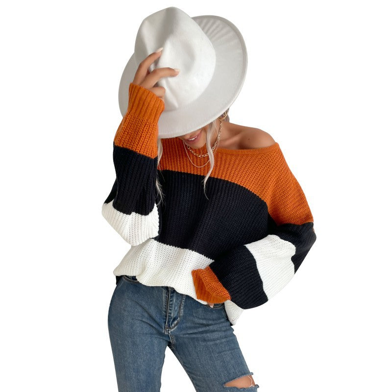 Damen Lässiger Gestreifter Pullover mit Off-Shoulder Design Nord Taschen