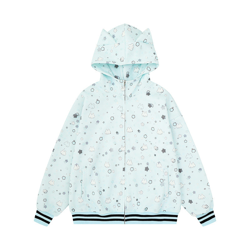 Damen Kapuzensweatjacke im Oversize‑Schnitt mit Komplettdruck, Reißverschluss und kontrastierenden Rippbündchen Nord Taschen