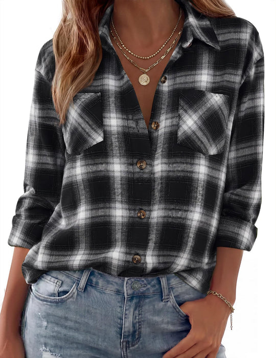Damen Karierte Oversize-Hemdjacke aus Flanell mit Brusttaschen Nord Taschen