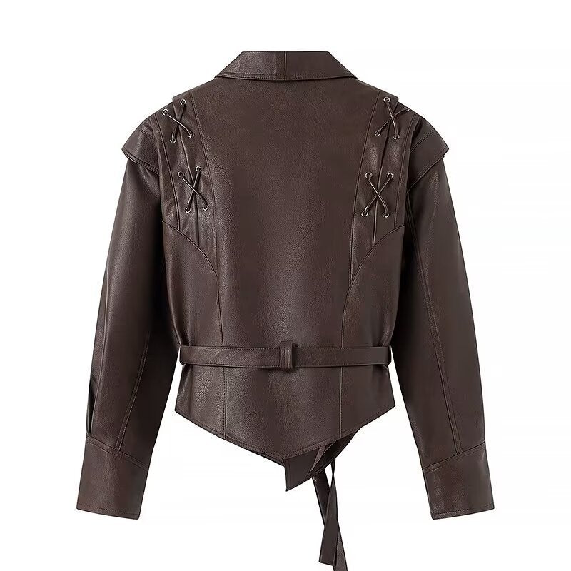 Damen Wickel-Lederjacke mit Taillengürtel, betonter Schulterpartie und femininer Silhouette Nord Taschen