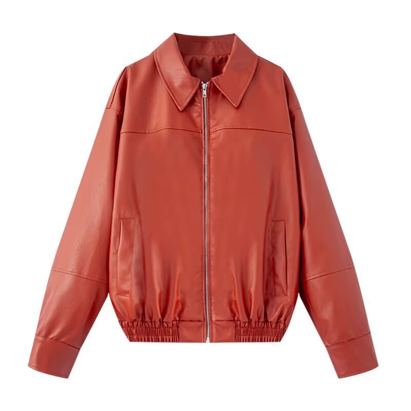 Damen Kurzjacke aus Kunstleder im Oversized-Bomberstil mit Hemdkragen und elastischem Saum Nord Taschen