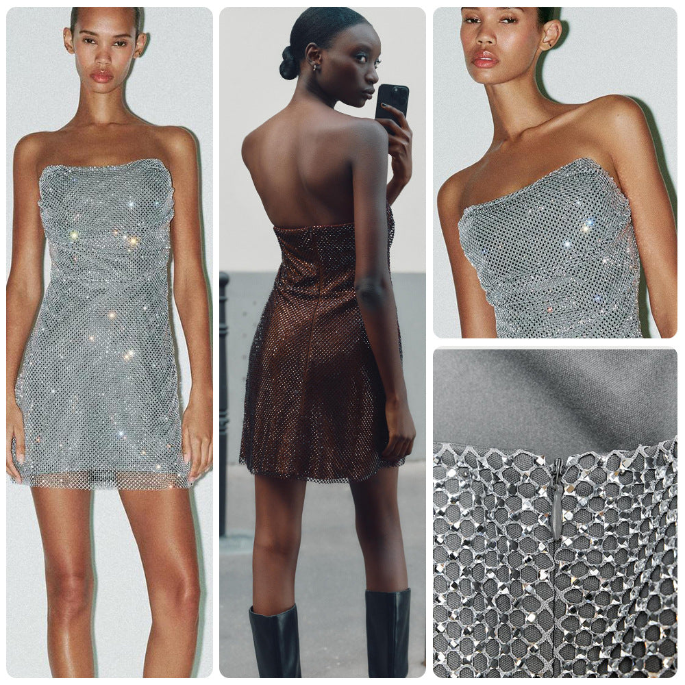 Damen Glitzerndes Cocktailkleid mit schulterfreiem Design und funkelnden Pailletten