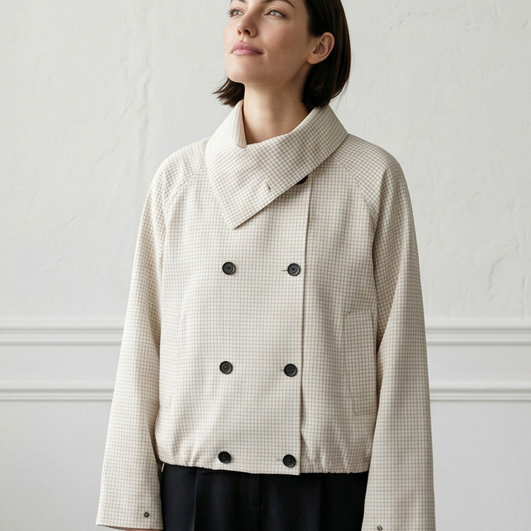 Damen Kurze Doppelreiher-Blousonjacke mit Wickelkragen und Raglanärmeln Nord Taschen