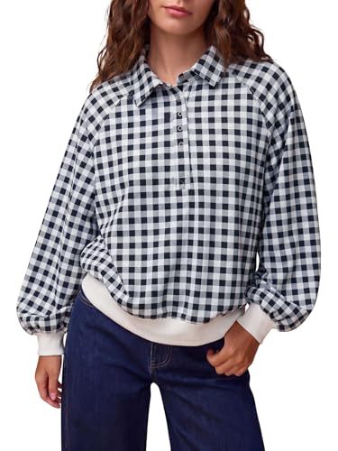 Damen Kariertes Oversize-Polo-Sweatshirt mit Ballonärmeln Nord Taschen